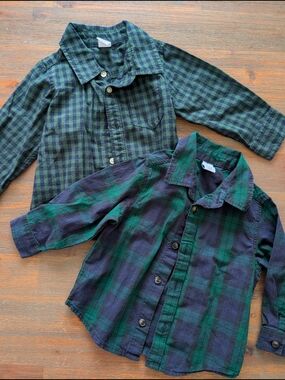 Old Navy Green & Navy Plaid Button-Down Shirt (Kids) - Set of 2